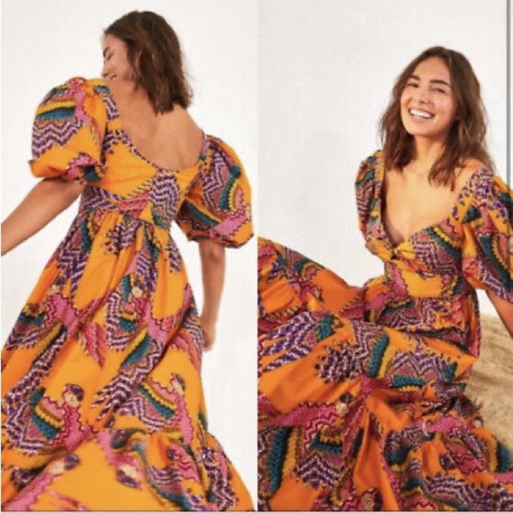 FARM RIO Macaw Puff-Sleeve Midi Dress